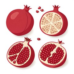 Pomegranate fruit whole and half isolated on white background illustration
