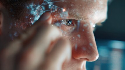 Focused medium shot of an individual adjusting motiontracking sensors on their face with virtual avatar screens softly blurred beyond the syncing process.