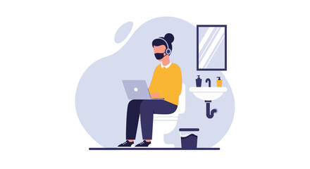 Person in mask and headset working on laptop while sitting on toilet. Illustrates remote work challenges, privacy issues, or multi-tasking during pandemic.