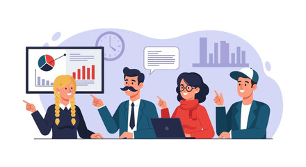 Diverse business team collaborating in a meeting, analyzing data and charts on a screen, discussing strategies for growth and success. Ideal for corporate, finance, and teamwork concepts.