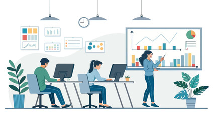 Business professionals collaborating in a modern office, analyzing data and discussing strategy during a presentation. Ideal for corporate training and finance concepts.