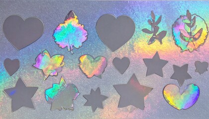 Holographic Sticker Sheet with Prismatic Hearts Stars Leaves Silhouettes