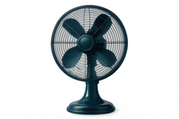 Vintage electric fan spinning, providing cool breeze with metallic blades and retro design against clean white background
