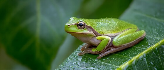 Obraz premium lime colored toad perched on greenery 