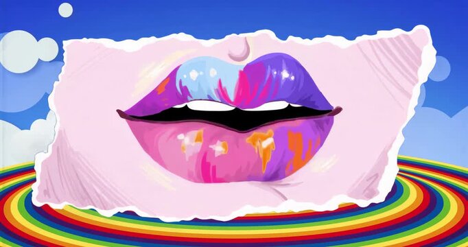 Beginning with blue sky revealing paper frame exposing painted lips on rainbow base showcasing art