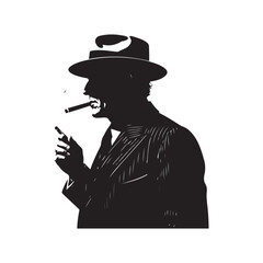 Silhouette of a man in a fedora smoking a cigar and gesturing with his hand vector