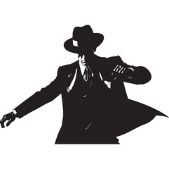 Silhouette of a man in a fedora and suit dancing or posing dramatically vector