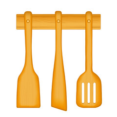 Wood Wall Rack with kitchen tools, small, wide and slotted spatula, for gourmet cooking, salads, all cuisines, isolated on white background, copy space