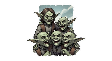 Group of goblins are laughing hysterically while wearing medieval attire in front of a bright sky background.