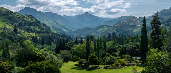lush green terrain with mountainous backdrop
