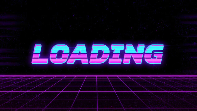 Retro-style loading screen with vibrant neon text and grid.