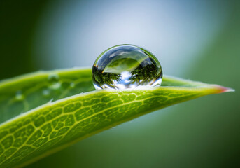 Water Droplet on Leaf Reflecting Sky and Trees.