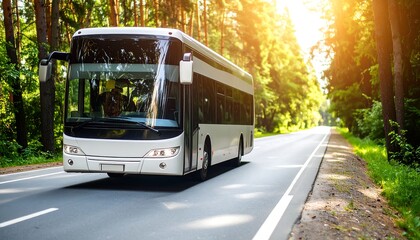 A white bus travels down a paved road through a sunlit forest