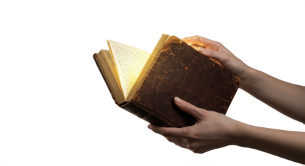 Hands Holding an Open Old Book with Glowing Pages on White Background (PNG)