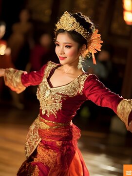 Graceful Traditional Dance Performance: Cultural Heritage in Ornate Attire and Expressive Movement
