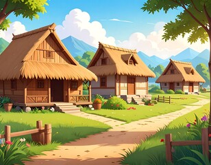 Fototapeta premium A sun-drenched village scene displays thatched-roof homes, a pathway, and vibrant greenery, showcasing a peaceful and idyllic rural setting.
