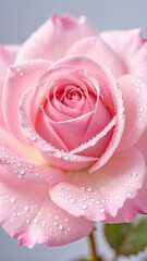 A close-up, detailed view of a beautiful, delicate pink rose, its petals covered in glistening water droplets.