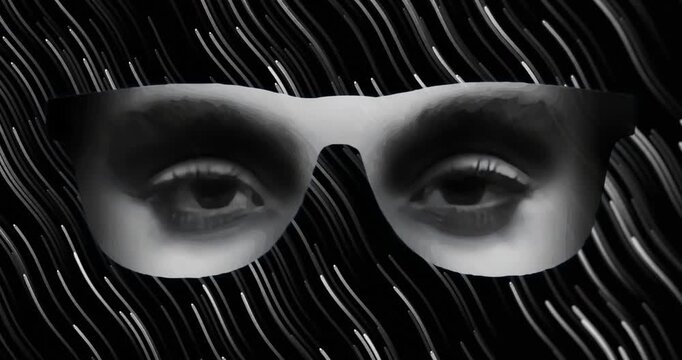 Playback starting eyes framed by mask frame blinking opening synced with falling streaks