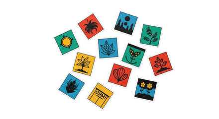 Illustrated square stickers featuring plants, landscapes, and symbols are arranged randomly against a stark background.