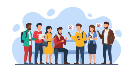 Diverse group of people struggling with smartphone connectivity, illustrating digital dependence or network issues. Ideal for concepts of communication, technology, or public waiting areas.