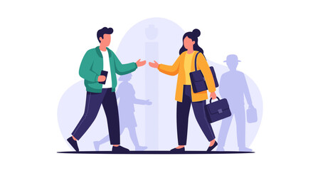 Two professionals, a man and a woman, engage in a friendly greeting or business negotiation in a modern, collaborative setting, symbolizing connection and partnership.