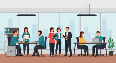 Diverse business professionals collaborate and work diligently in a modern open-plan office, fostering productivity and teamwork in a corporate setting.