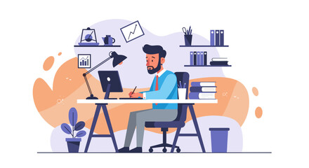 Professional man with a beard working diligently at his office desk, using a laptop and stylus. Ideal for business, remote work, digital design, and productivity concepts.
