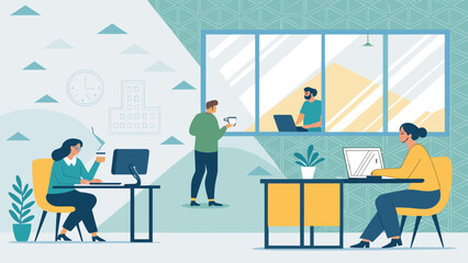 Professionals collaborate and work diligently in a modern, vibrant office environment, showcasing productivity and a positive business atmosphere.