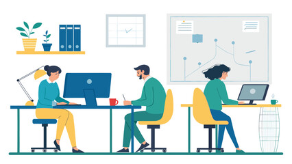 Diverse business professionals collaborate and focus on their tasks in a modern, productive office workspace. Ideal for corporate or tech themes.