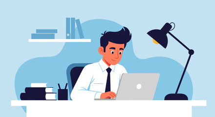 Smiling businessman focused on work at his desk with a laptop, depicting productivity and modern office life. Ideal for business, technology, and career concepts.