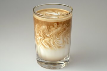 A clear glass holds a layered coffee drink; espresso sits atop a layer of frothed milk, with swirling latte art marbling the surface