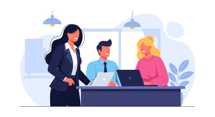 Diverse business team collaborating happily with laptops in a modern office environment. Perfect for teamwork, corporate, and productivity themes.