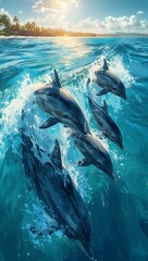 Dolphins in Motion with Sunlight Reflections on Turquoise Ocean
