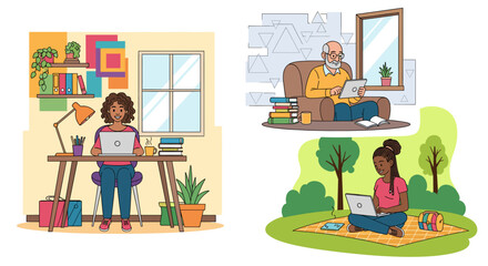 People of different ages and backgrounds engaging with technology for work, learning, and leisure, highlighting remote flexibility and a modern digital lifestyle.