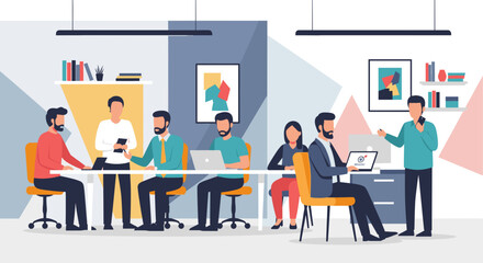 Diverse business team collaborating in a modern office, engaged in discussion and working on laptops, showcasing teamwork and productivity in a corporate setting.