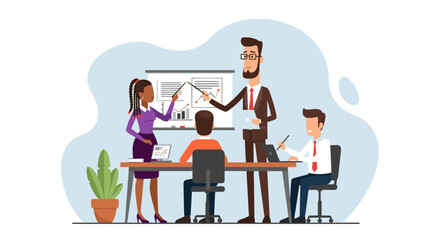 Diverse business team collaborating in an office meeting, analyzing data on a whiteboard. Ideal for concepts of teamwork, strategy, and corporate development.