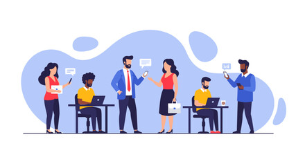 Diverse business professionals collaborate and communicate digitally in a modern office setting. Illustrates teamwork, productivity, and contemporary workflow.