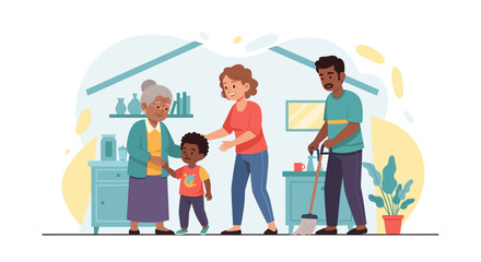 A multi-generational family at home, with adults caring for a child and sharing chores. Represents family values, support, and daily life.