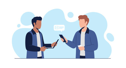 Two professional men digitally connect and exchange information using a laptop and smartphone. Ideal for business, technology, or modern communication concepts.