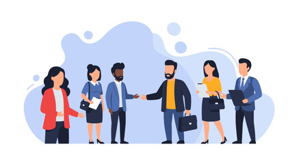 Diverse business professionals shaking hands and networking, symbolizing collaboration, partnership, and successful negotiations in a corporate environment.