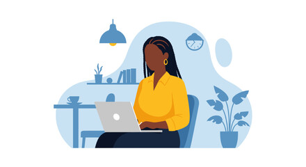 Focused African American woman working efficiently on her laptop in a comfortable home office, embodying modern remote work, productivity, and a flexible lifestyle.