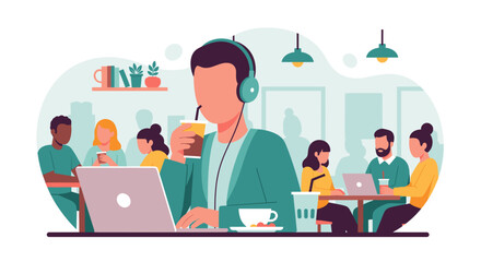 Diverse people working on laptops and enjoying drinks in a modern, casual co-working space. Represents remote work, productivity, freelance life, and connectivity.