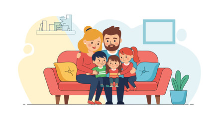 A happy family, parents and three children, sitting together on a sofa in their cozy home, symbolizing warmth, unity, and domestic life. Ideal for lifestyle, parenting, or financial planning concepts.