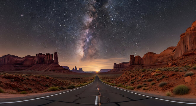 Road leading to monument valley under starry sky