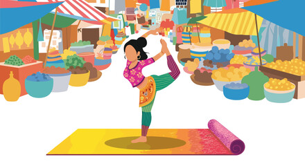 Woman practicing yoga (Natarajasana) in a vibrant, colorful traditional market. Merging wellness with cultural exploration and healthy lifestyle.
