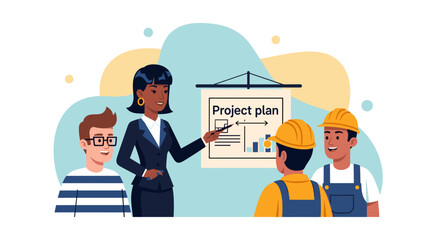 Businesswoman leads a diverse team—construction workers and a professional—reviewing a project plan. Concept of collaboration, teamwork, and strategic planning.