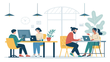 Diverse team collaborating and working diligently on laptops and computers in a modern, vibrant office environment. Illustrates productivity, teamwork, and contemporary business lifestyle.