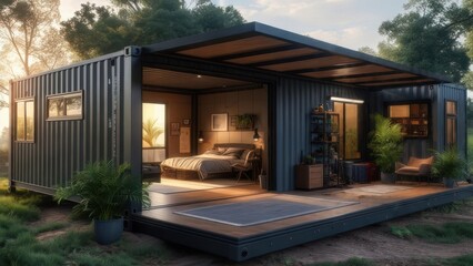 Modern shipping container home in a garden