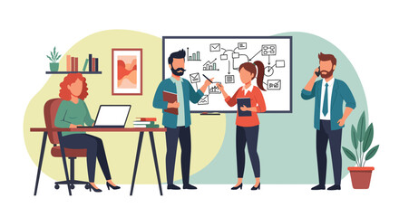 Diverse business team collaborating in a modern office, working on projects, strategizing, and communicating. Ideal for corporate growth, teamwork, and professional development.