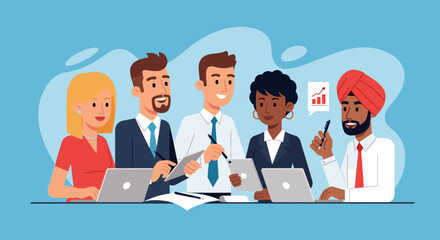 Diverse business team collaborating in a professional meeting, discussing growth and strategy with technology. Represents teamwork, innovation, and success.